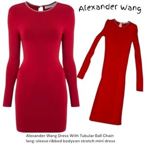 Alexander Wang Women Red Tubular Ball Chain long-sleeve ribbed bodycon Dress Xs